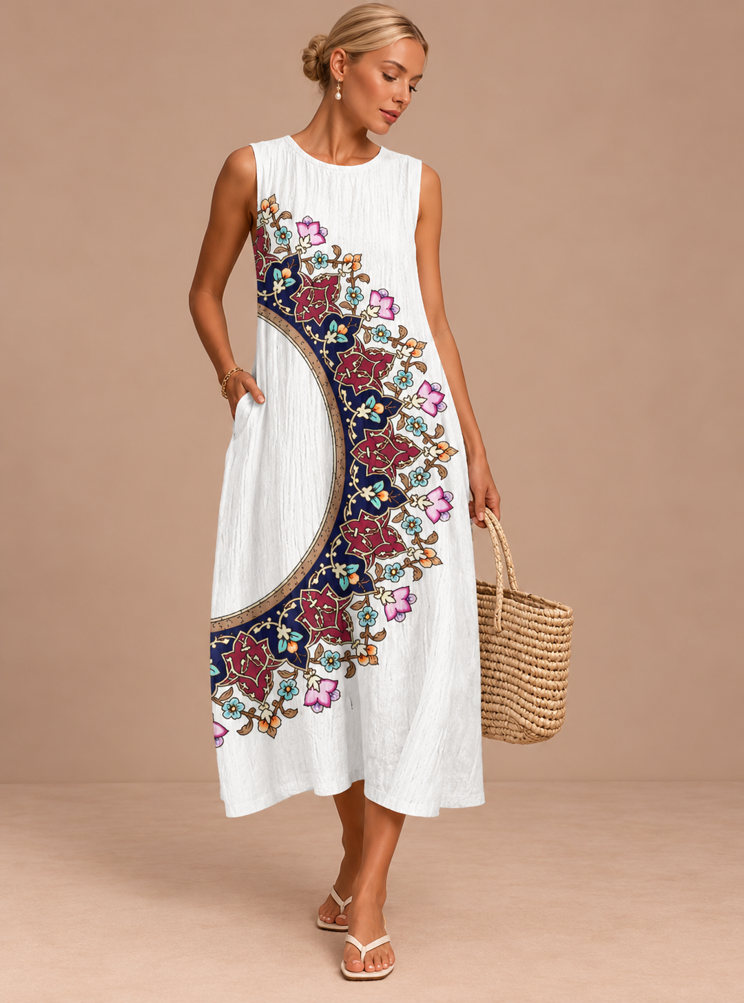 Paige - Women's Sleeveless Printed Beach Midi Dress Loose