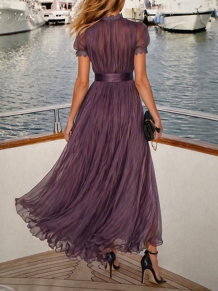 Valentine™ | Keyhole Neckline Chiffon Lace Trim Maxi Dress