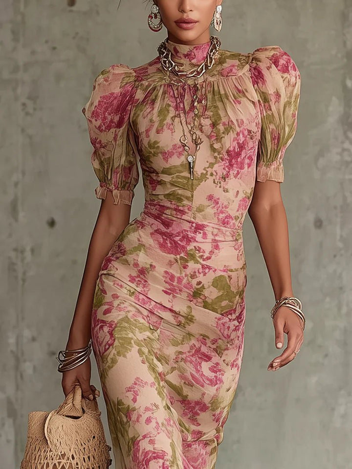 Océane™ | Vintage Rose Print Maxi Dress with Puff Sleeves (Accessories not included)
