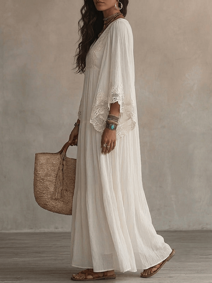 Clémence™ | Lace V-Neck Batwing Sleeve Chiffon Maxi Dress