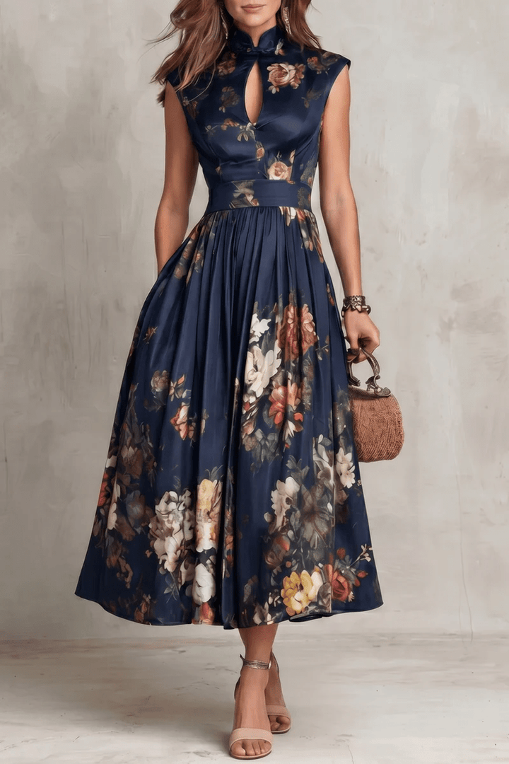 Rosalie™ | Keyhole Collar Floral Pleated Satin Midi Dress