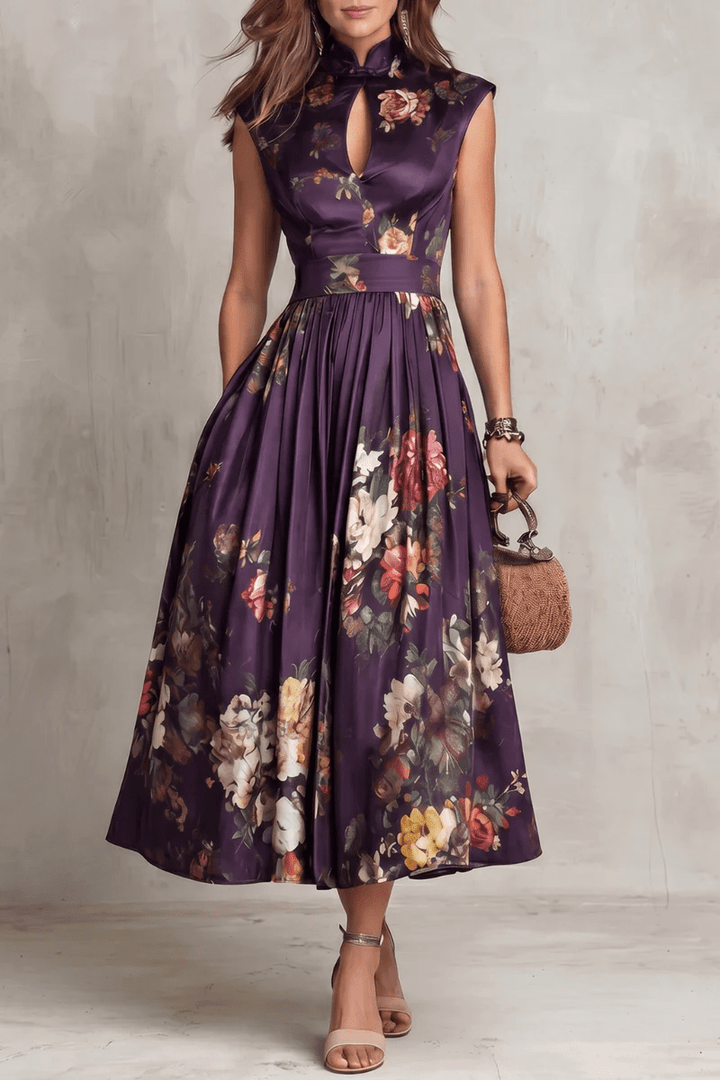Rosalie™ | Keyhole Collar Floral Pleated Satin Midi Dress